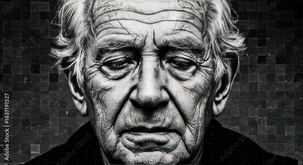 Fototapeta premium Portrait of Wisdom: A striking black and white portrait of an elder person, capturing the profound depth and wisdom etched onto their face. Every line tells a story.