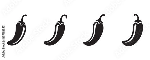 Chili pepper silhouette icon set, black and white vector illustration