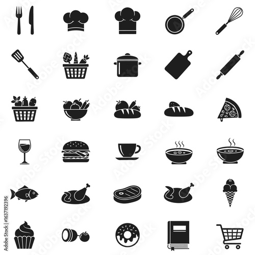 Collection of Culinary Icons Depicting Food Utensils and Cooking Essentials.