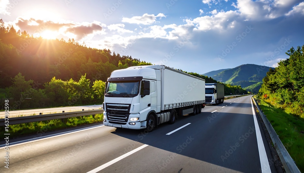 White trucks on a highway through a scenic landscape White trucks on a highway through a scenic landscape