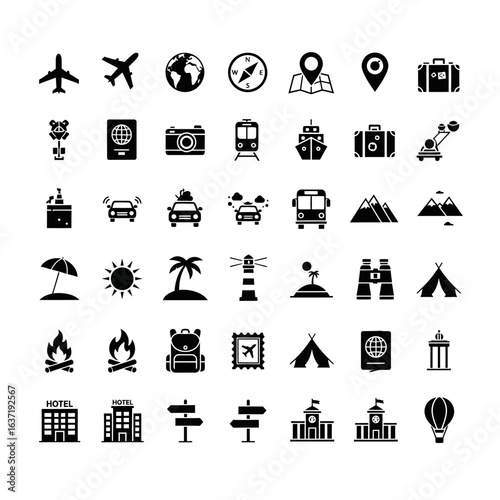 Collection of Travel Icons Depicting Transportation Adventure and Exploration.