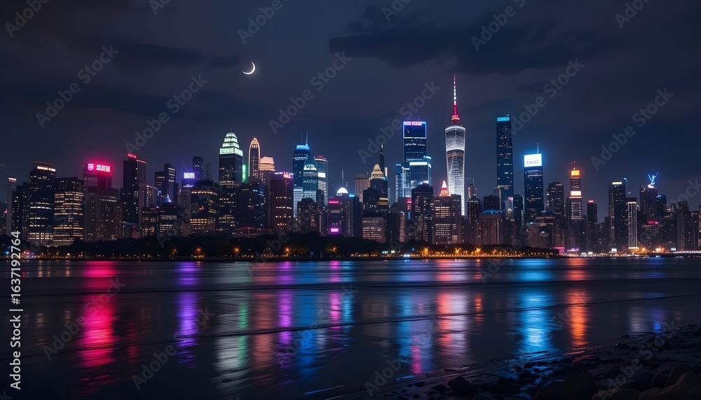 Obraz premium Night city skyline with neon lights and reflections