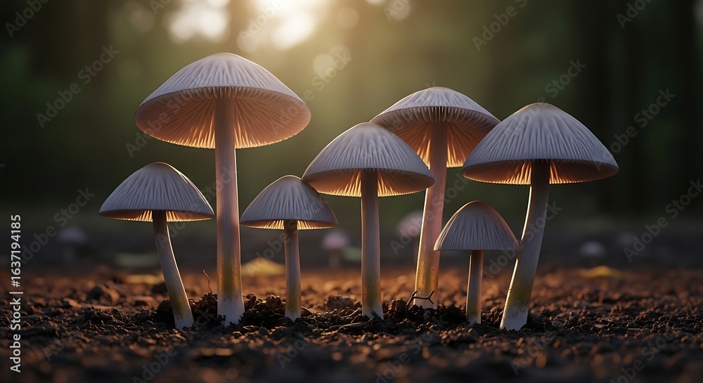 Fototapeta premium Enchanting Mushroom Grove Bathed in Golden Sunlight, Woodland Magic Mushroom Kingdom