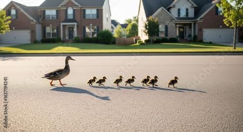  Goose leading its goslings on a street in suburban area