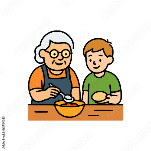 Elderly woman and young boy making food, sharing recipe and cooking experience in cozy home kitchen environment