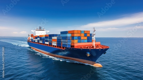 Cargo Ship Navigating Calm Waters with Colorful Shipping Containers