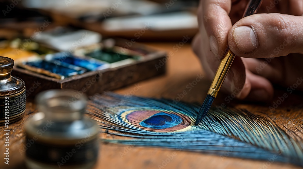 Fototapeta premium Close up of a hand painting a peacock feather using watercolors with desk and tools