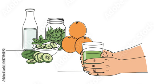 Detox drink recipe with sliced cucumbers, oranges and mint leaves. Refreshing detox drink preparation includes fresh ingredients like cucumber, orange and mint.