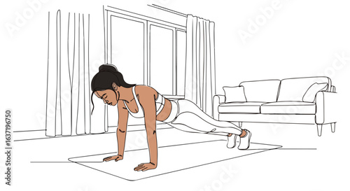 Fitness at home workout plan with woman doing plank exercise on mat. Home fitness routine includes simple plank pose for core strength.