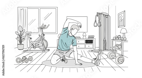 Fitness at home workout routine. Man stretching on yoga mat in home gym. Fitness at home includes exercise bike and weights. Fitness at home is a healthy lifestyle choice.