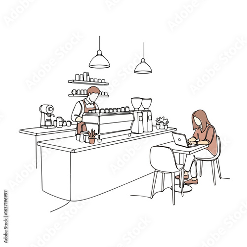 Working coffee shop scene depicts barista at counter and customer using laptop, sketching modern interior. Working coffee concept includes professional service and productive atmosphere.