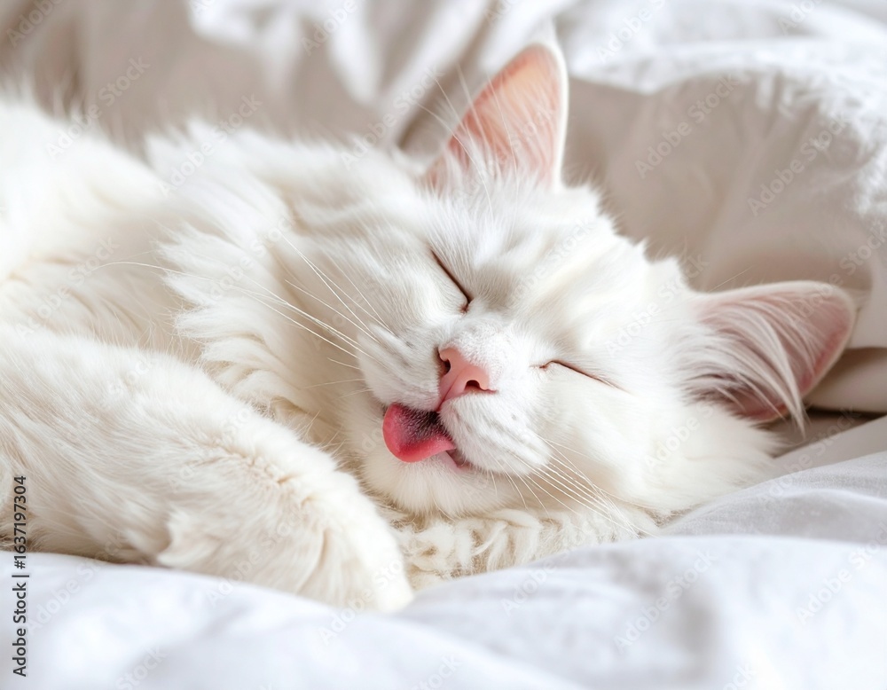 Fototapeta premium 따뜻한 담요 속 잠든 흰 고양이 White Long-haired Cat Sleeping in Warm Blanket