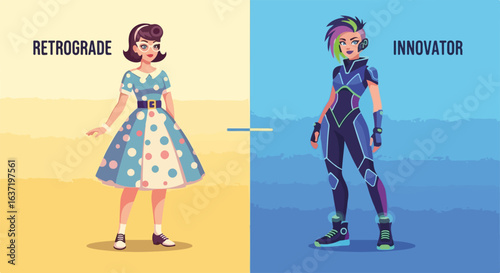 Retrograde innovator illustration showing two different styles, classic and modern, on split background. Styles contrast, one representing the past and other representing the future.