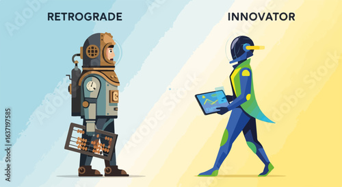 Innovator versus retrograde shows progress, a choice between outdated equipment and advanced technologies, revealing future trends. Innovator is streamlined and tech-savvy,