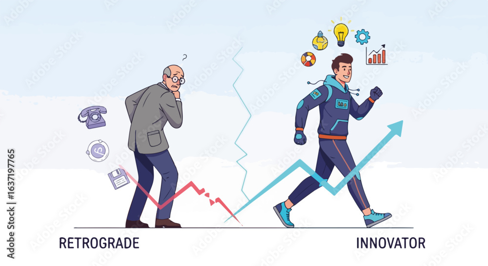 Fototapeta premium From retrograde to innovator, showing transition, from old to new technology. Showing a retrograde man with an old telephone,