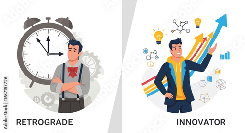Illustrative retrograde innovator contrast, highlighting two contrasting approaches to work and problem-solving. One is stuck in time, symbolized by clock,