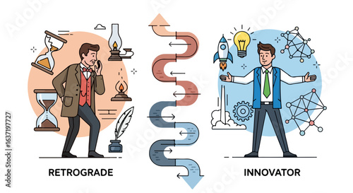 Retrograde innovator paradigm comparing traditional methods with modern solutions. Retrograde innovator contrasts quill and candle with lightbulb and rocket, showcasing old versus new.