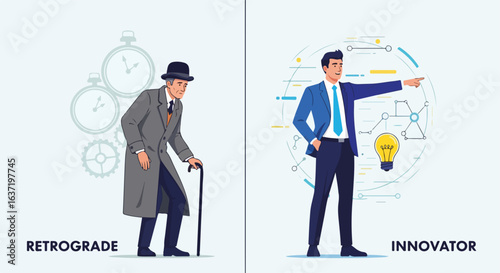Password protection versus innovation depicted through contrasting figures, showing Password protection as old-fashioned man, and innovator as visionary.