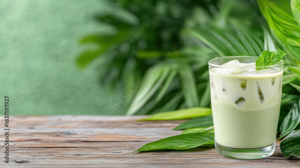 Iced matcha latte in clear glass on wooden table surrounded by green leaves Iced matcha latte in clear glass on wooden table surrounded by green leaves