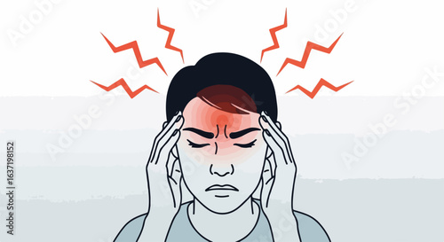 Headache illustration shows pain on forehead and temples, conveying stress and discomfort. Headache is visualized with red waves emanating from affected areas, emphasizing intensity.