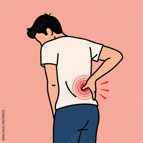 Lower back pain illustration featuring man holding his painful lower back. Lower back pain is a common ailment affecting many people.
