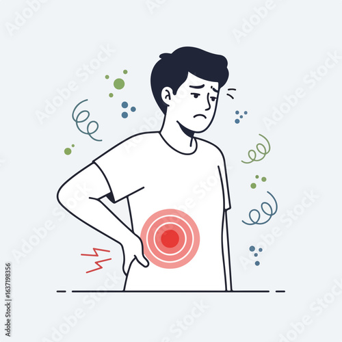 Lower back pain illustration shows man holding his lower back, suffering from pain. Lower back pain illustration shows discomfort and ache, emphasizing health problems.