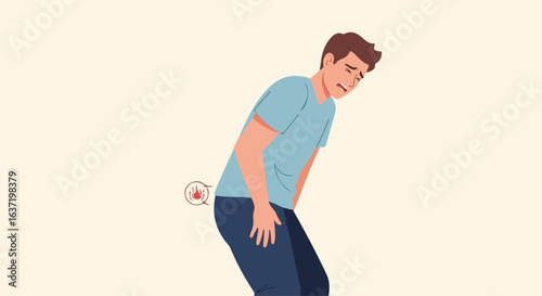 Hemorrhoid pain illustration reveals discomfort of inflamed veins in rectal area, causing pain. Hemorrhoid pain symptoms shown with red dot depicting distress and discomfort.