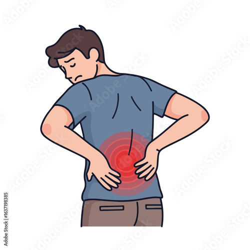 Experiencing lower back pain, cartoon man massaging his aching lumbar region for relief. Lower back pain often results from muscle strain or poor posture, leading to discomfort.