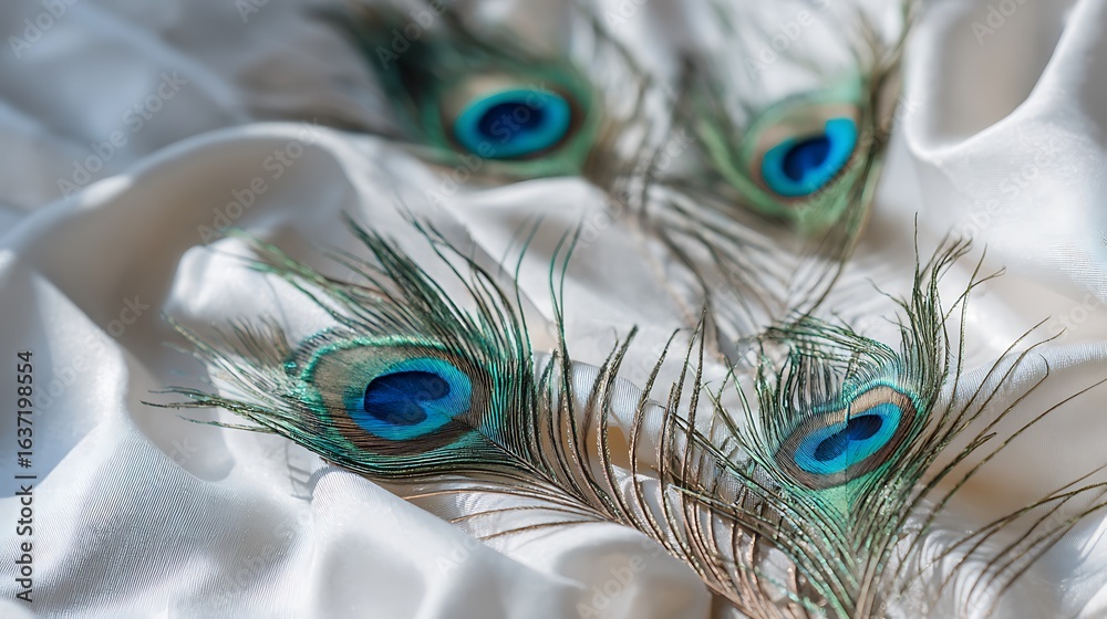 Obraz premium Peacock feathers scattered elegantly on white silk cloth with bright lighting and high detail