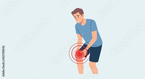 Knee pain illustrated with an injured man holding his leg and a red circle indicating the spot of discomfort. Knee pain is a common problem, and this illustration captures discomfort and inflammation.