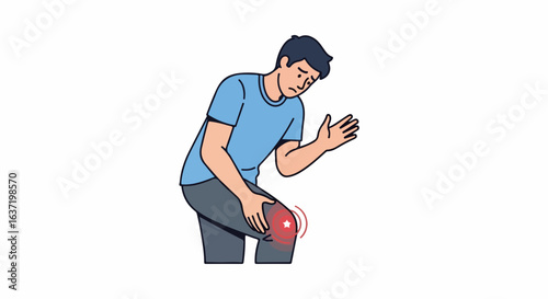 Knee pain afflicts young man in need of medical assistance, showcasing his painful leg inflammation. Knee pain requires medical intervention and physiotherapy for potential treatment,