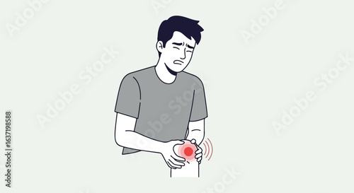 Man with knee pain, his hands clasped around the affected knee joint, red highlights indicating the sore spot. Knee pain is a common issue, often requiring medical attention, massage, or rest.