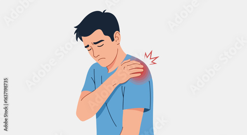 Shoulder pain illustration shows man in distress holding his painful arm and shoulder, expressing discomfort. This shoulder pain presentation showcases aching joints and muscles,