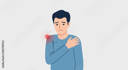 Man with shoulder pain, feeling discomfort in his upper arm area. Shoulder pain is a common problem, it is important to get it checked out.