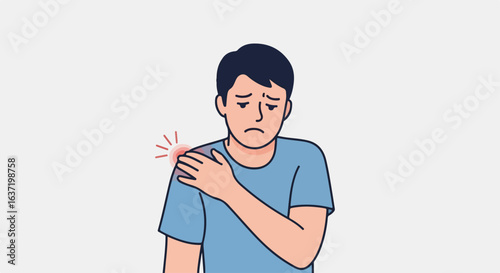 Shoulder pain is depicted, with a man clutching at his shoulder. Shoulder pain concept includes male figure demonstrating discomfort, suffering from injury or chronic condition.