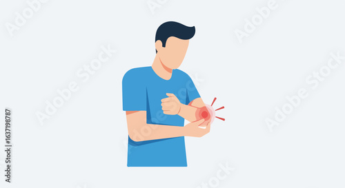 Arm pain illustration showing discomfort and a person holding their injured arm. Arm pain indicates suffering, tenderness, and soreness in elbow.