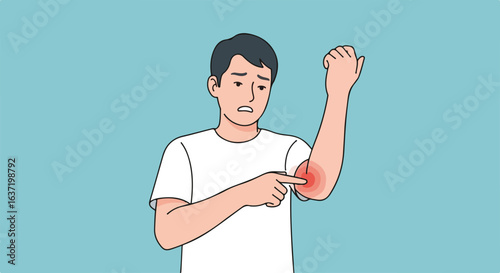 Man with elbow pain points to the painful area, feeling discomfort. Elbow pain illustration focuses on person with physical pain, health problem, and muscle injury.