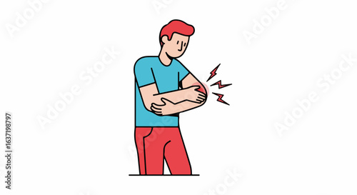 Elbow pain displayed through a cartoon man suffering from elbow pain, showcasing inflammation and discomfort. Elbow pain visualized through a male figure showing strain, joint issue,