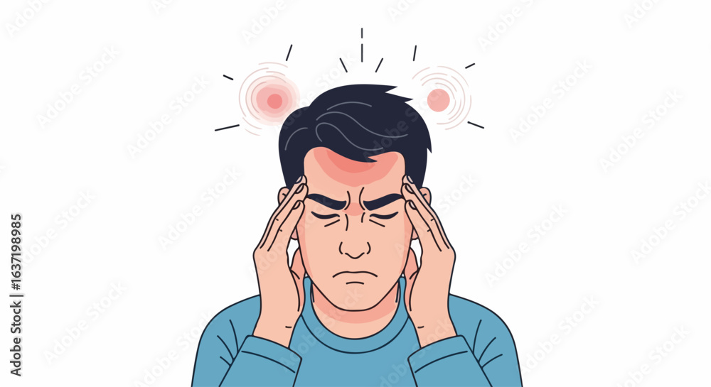 Illustrated headache symptom featuring man touching his temples, indicating throbbing pain. Headache indicates symptoms of stress, tension and migraine. Illustrated headache symptom featuring man touching his temples, indicating throbbing pain. Headache indicates symptoms of stress, tension and migraine.