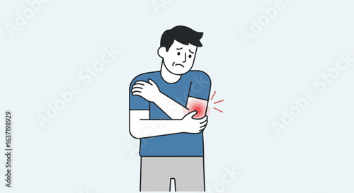 Man with elbow pain, holding his arm in discomfort, suffering from ache. Elbow pain can be debilitating, affecting daily activities and overall well being.