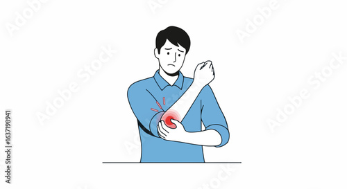 Person with elbow pain in minimalist drawing style. Elbow pain discomfort and inflammation are shown on arm of concerned man in minimalist fashion.