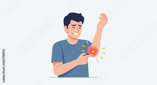 Person with elbow pain, illustration of acute elbow pain and discomfort, feeling sore. Elbow pain and inflammation are noticeable in this painful depiction. Showcase elbow pain for medical brochures.