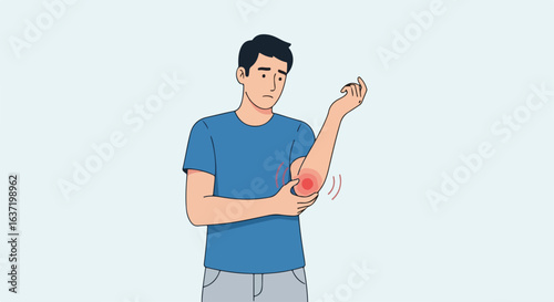 Man with elbow pain on light blue background, experiencing discomfort. Elbow pain can stem from various causes, necessitating prompt attention and care.