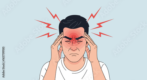 Man with headache, feeling sick, stressed and tired, holding his head in pain, showing migraine symptoms. Headache illustration, showing the intensity of ache and stress,