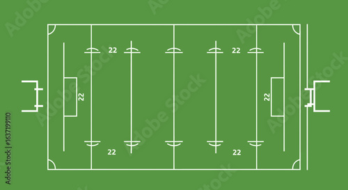 A simplified white line diagram of a football or foosball table pitch on a green background.