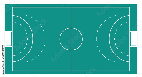 Top-down aerial view of a green handball court with white lines and goals.
