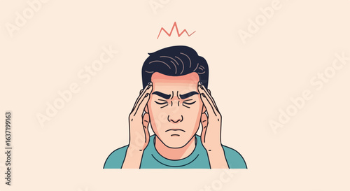 Man with a headache depicted with fingers at temples, conveying pain and discomfort. Headache illustration features a man experiencing severe throbbing and stress.