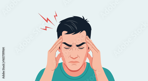 Severe headache depicted as man suffering from intense head pain, holding his temples. Headache often results from stress, fatigue, or illness. Migraine,