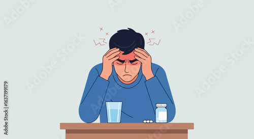 Young man suffering from headache with steam above his head, holding his head. Severe headache makes him feel awful and he needs pills and water.