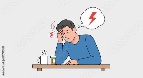 Man with headache at table is suffering from strong head pain. Headache is caused by stress and tension. Illustrative headache concept shown for medical use.